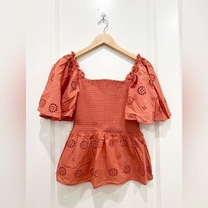 Eyelet Short Sleeve Peplum 100% Cotton Top/Blouse